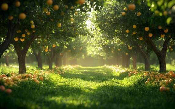 The orchard is lush with fruit trees, heavy with bountiful harvests