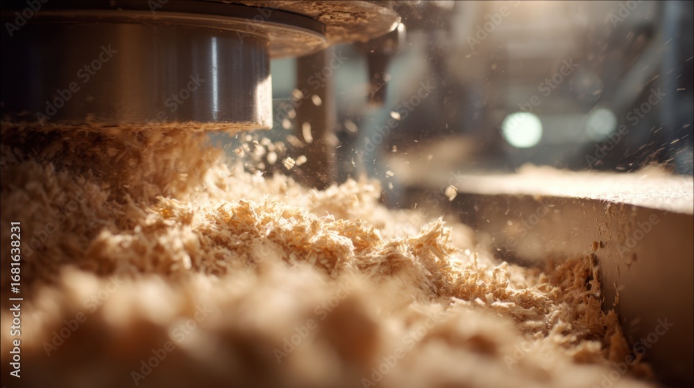 Poster medium shot focusing on a machine processing byproducts into usable raw materials with the surroundi