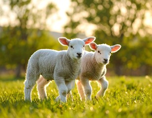 Obraz premium Two lambs frolic in a sunlit spring pasture