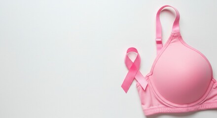 Pink bra and ribbon for breast cancer awareness on a white backdrop