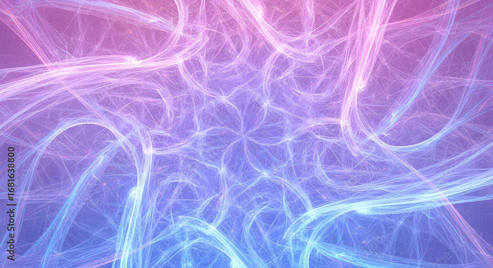 Poster abstract fractal pattern with swirling lines and glowing effect in vibrant pink and blue gradient ba