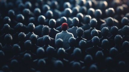 Obraz premium A lone red clown stands out from a crowd of black figures, with a white background and dramatic lighting, creating a striking contrast.