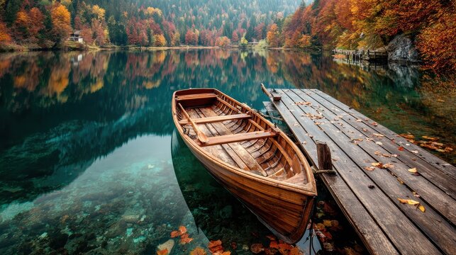 Autumn Serenity A Wooden Boat Resting by the Lake with Reflections and Colorful Trees