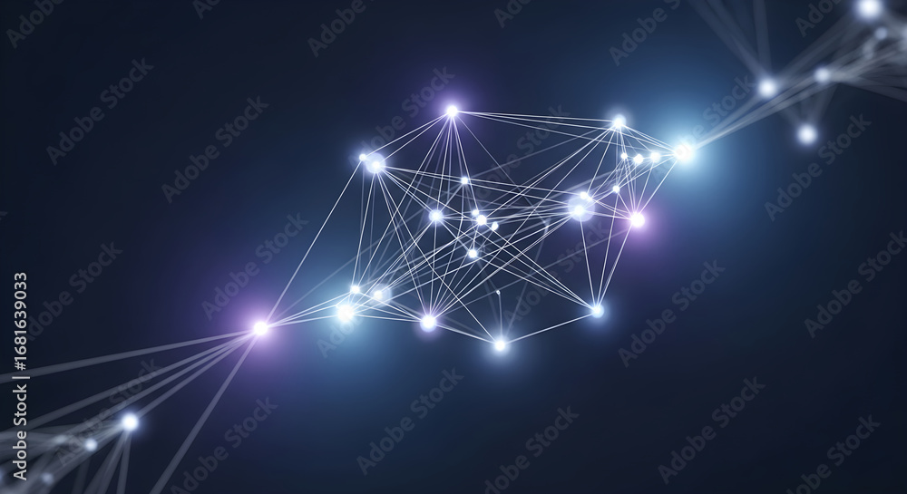 Poster abstract glowing network of interconnected nodes and lines, representing data, technology, and artif