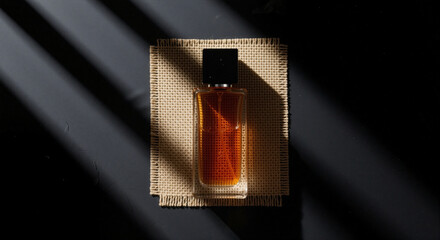 Elegant perfume bottle on natural fabric with shadows