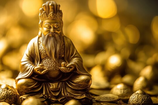 Golden statue of a wise figure surrounded by coins reflecting warm light - Powered by Adobe