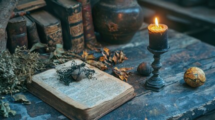 A candle burns on a wooden table, with a book and dried flowers in the foreground and a vase and other books in the background.