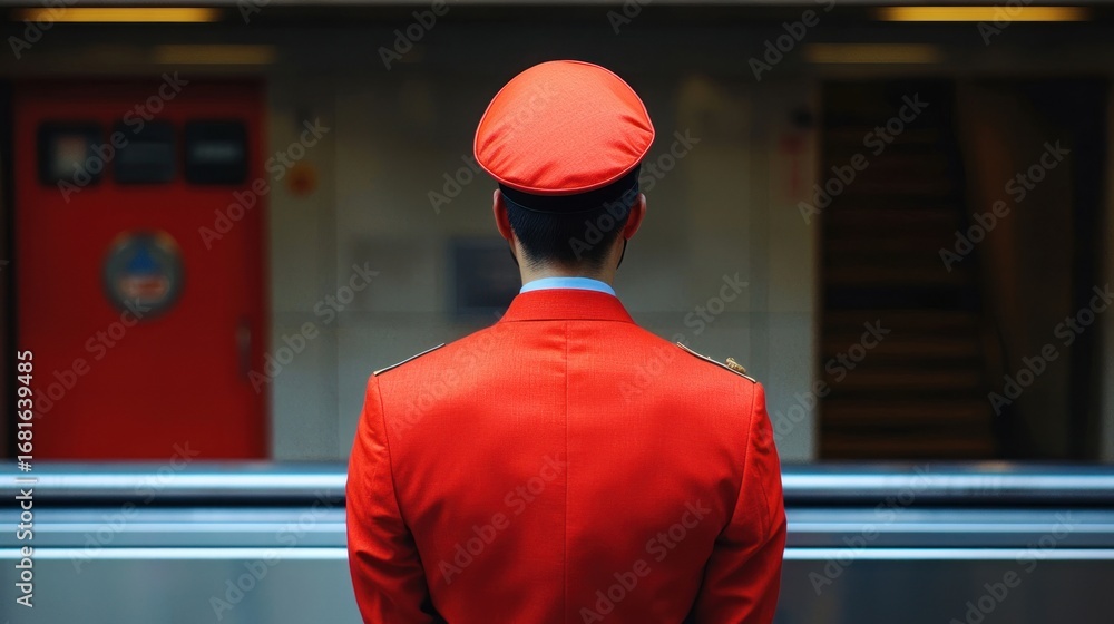 Poster a man in a red uniform standing in front of a subway train, with a red door in the background.