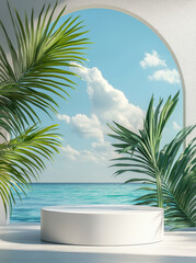 Fototapeta premium Seaside view with palm leaves and circular pedestal under bright blue sky
