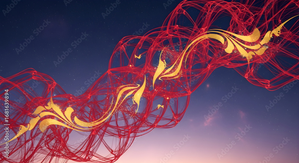 Poster abstract red and gold flowing wave with intricate network structure against a twilight sky with star