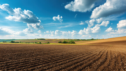 Expansive agricultural farmland with plowed soil and green crops under dramatic cloudy blue sky landscape