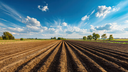 Plowed agricultural field with parallel furrows stretching to horizon under blue sky with white clouds