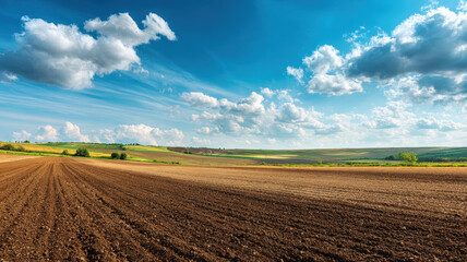 Expansive agricultural farmland with plowed soil and green crops under dramatic cloudy blue sky landscape