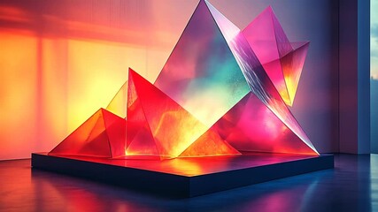 Abstract glass pyramids installation, vibrant colors, modern art exhibition. - Powered by Adobe