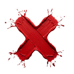 Vivid red paint X mark with expressive brushstrokes and splatters, ideal for error, delete, warning, protest, or grunge art. Versatile graphic element for UI design.