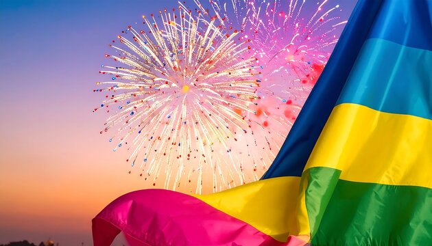 Vibrant flag billows against a backdrop of colorful fireworks at sunset