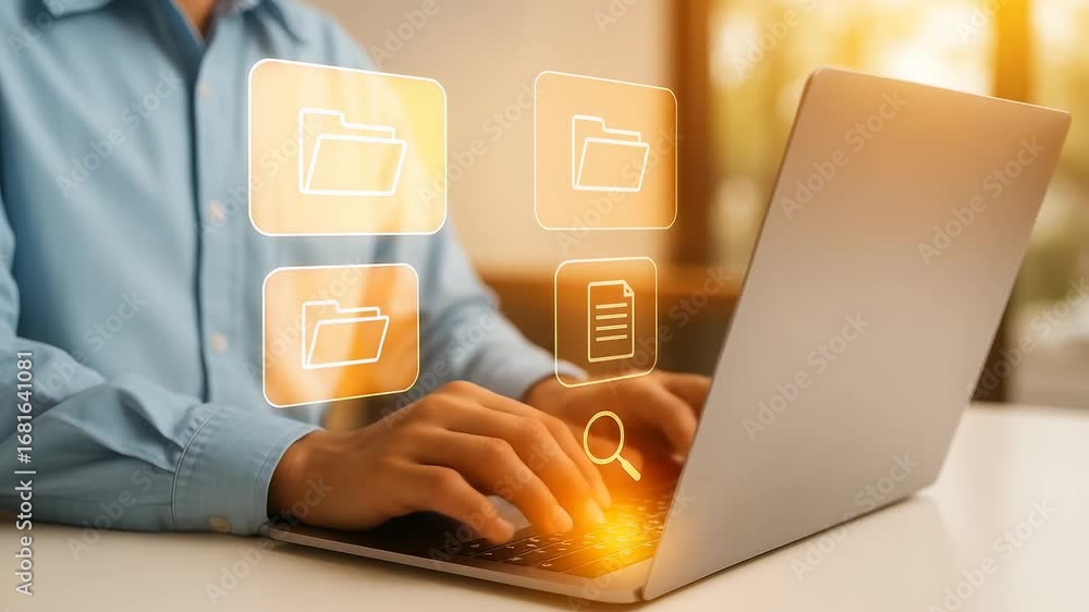 Poster man working laptop folders files search data office desk technology work computer screen