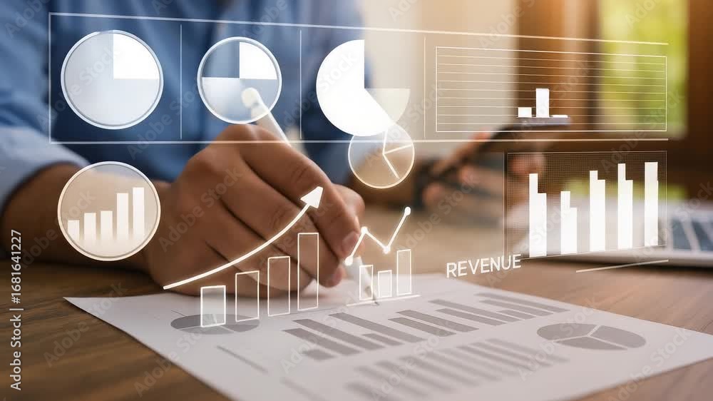 Poster man analyzing charts graphs data growth pie bar statistics report desk business review