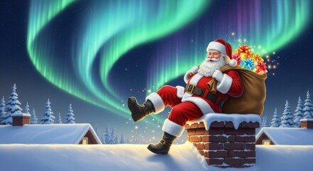 Santa Claus Relaxing on Chimney Under Northern Lights
