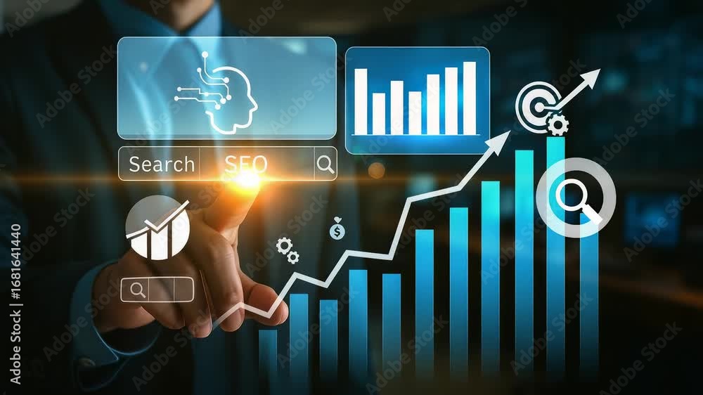 Poster hand touching hologram chart graph growth search data analytics business success target