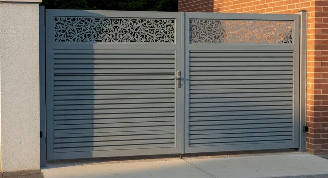 Modern gray metal double gate with decorative laser cut panel at the top
