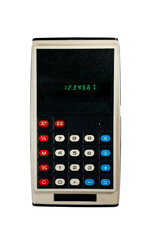 Vintage electronic calculator with glowing green display isolated on transparent background. Retro...