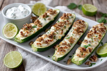 Delicious baked zucchini boats filled with creamy topping and nuts
