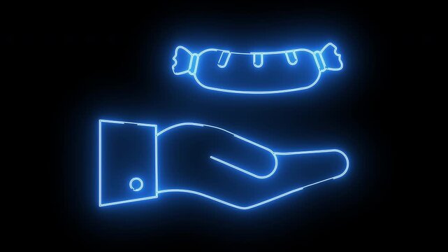 hand icon carrying sausage icon with neon effect