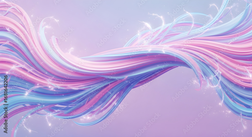 Poster abstract flowing strands of pastel pink, blue, and purple colors with sparkling lights, creating a d