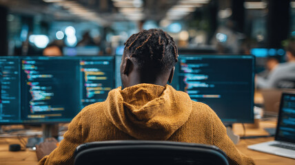 Software developer in yellow hoodie coding on multiple monitors in busy modern tech office environment