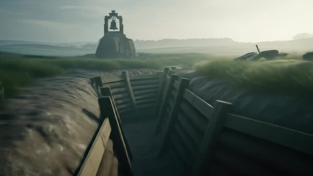 World War One trench with bell monument and Poppy flower in misty landscape. Remembrance day conceptual scene.