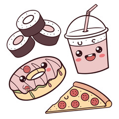 Cute Cartoon Fast Food Illustration | Playful Pizza, Donut, Sushi & Drink Characters