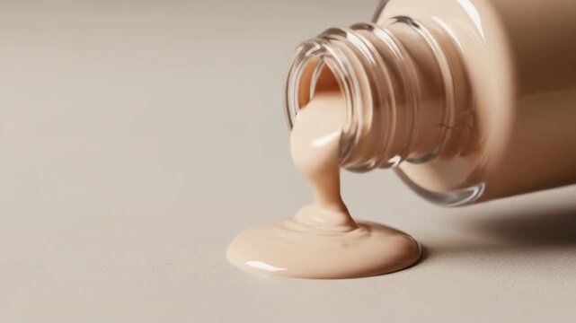 Close-up of liquid foundation pouring from glass bottle, beauty product for makeup with beige background.