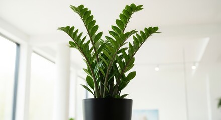 Vibrant green zz plant in a sleek black pot bringing life to interior spaces