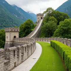 Naklejka premium Medieval stone fortress walls among lush green mountains