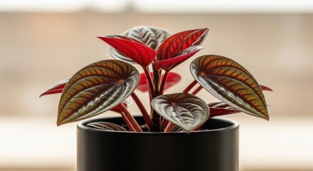 Vibrant peperomia plant with striking red and brown foliage in a sleek black pot