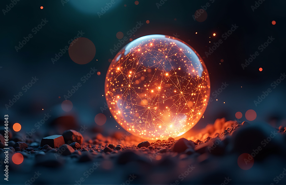 Poster glowing orb radiates swirling data points softly illuminated ambient light casting ethereal ambiance