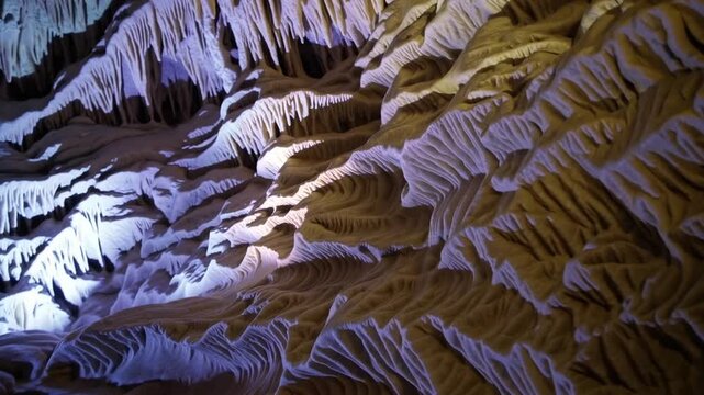 stunning and vast subterranean cavern featuring ancient illuminated mineral structures with no visitors present, showcasing natural history