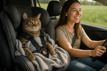Cat sitting in child car seat on road trip