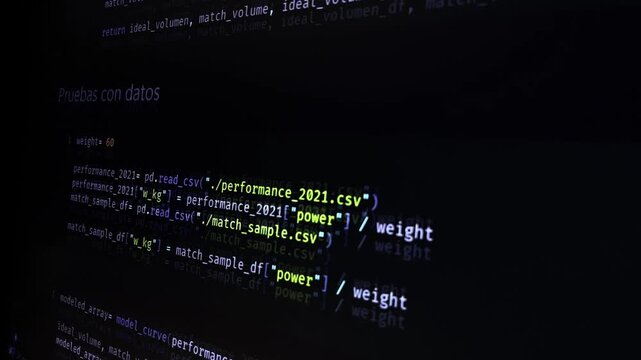 Screen with lines of code and charts. Close up of a screen showing lines of code and charts with data scrolling fast.