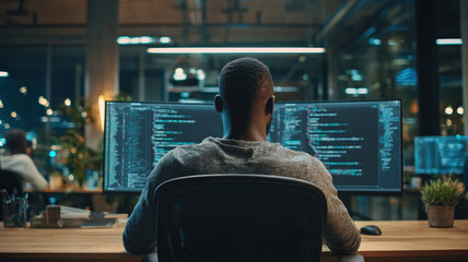 Night programmer working on multiple code monitors with illuminated city skyline view through office windows