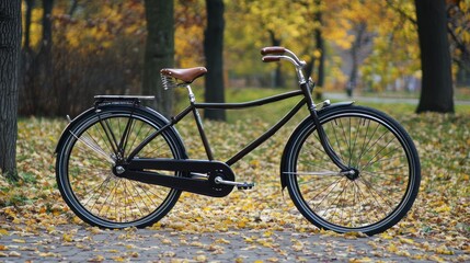 Fototapeta premium A vintage bicycle with a black frame and leather saddle, parked in a park with autumn leaves on the ground.