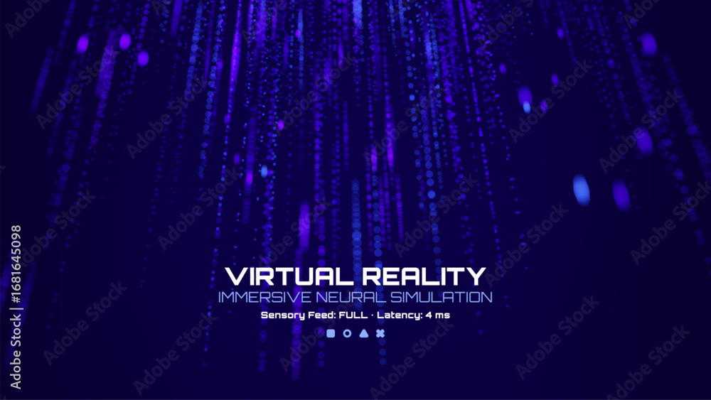 Aufkleber virtual reality immersive neural simulation on dark blue background with digital data rainfall. tech