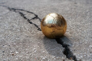 Golden soccer ball rests on a cracked concrete surface symbolizing triumph over adversity.