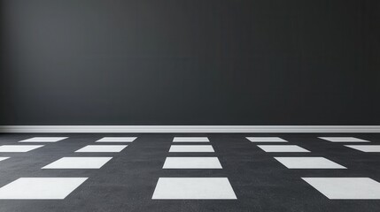 A modern interior featuring a checkerboard floor design with black and white tiles against a dark wall.