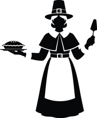 Pilgrim woman silhouette holding thanksgiving pie and server ready for celebration vector