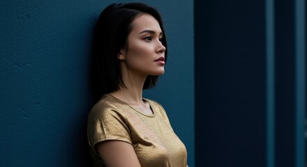 Woman in gold shirt leans against a dark wall gazing to her right Her dark hair is short