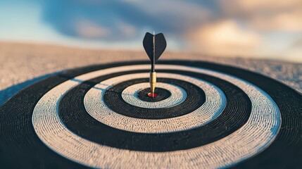 A dart is perfectly positioned in the center of a bullseye target, showcasing precision and focus in a vibrant setting.