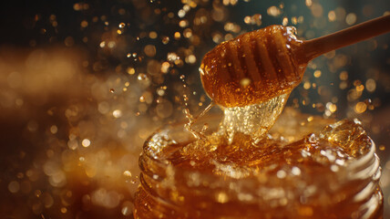 Honey splashing around wooden dipper creating magical golden droplets and bokeh effect in warm lighting