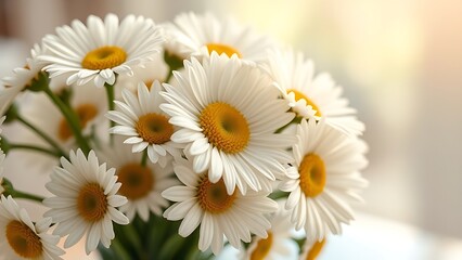 Fototapeta premium Fresh daisy bouquet bathed in soft sunlight, showcasing delicate pastel petals.